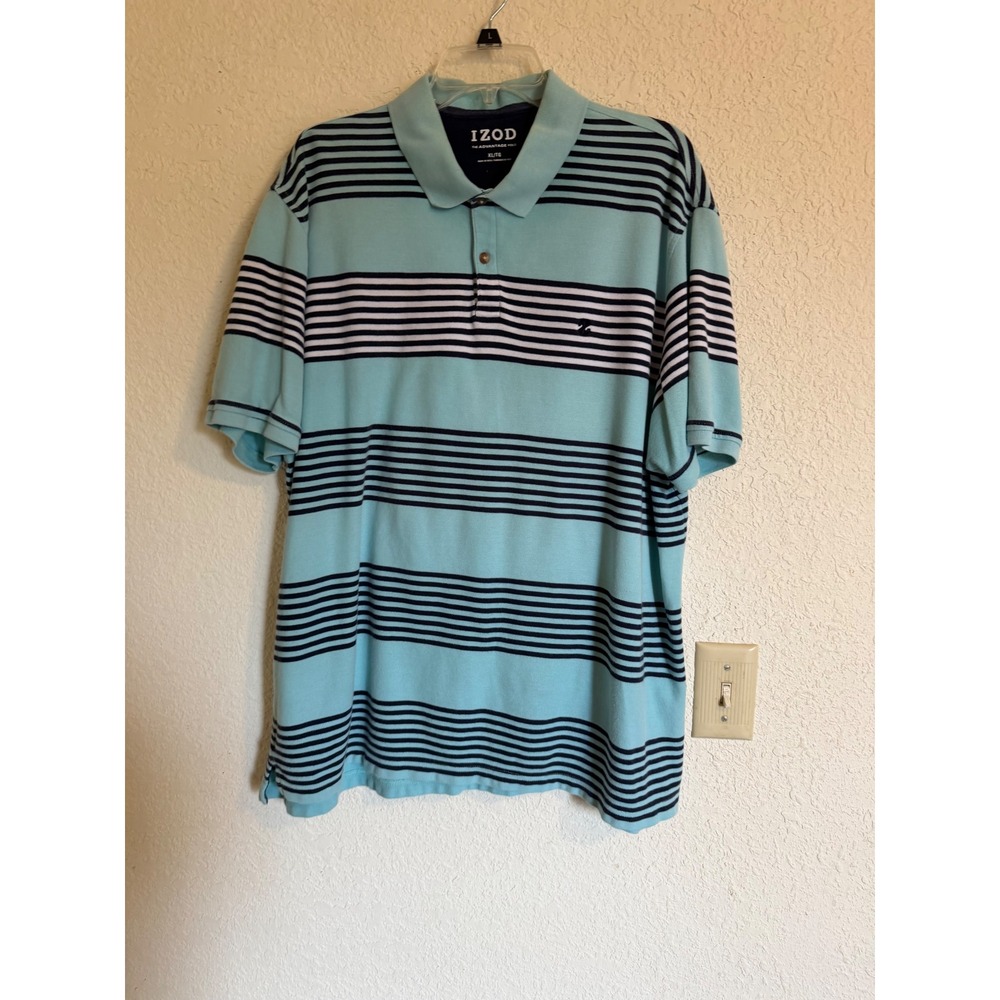 IZOD Mens Advantage Polo Shirt XL Light Blue Navy Striped Cotton 45SK285458